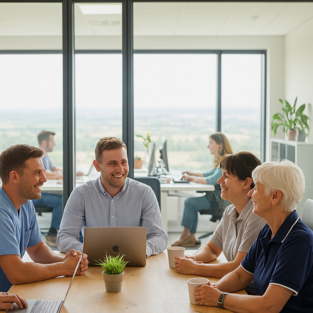 A happy and diverse group of care team members smiling.