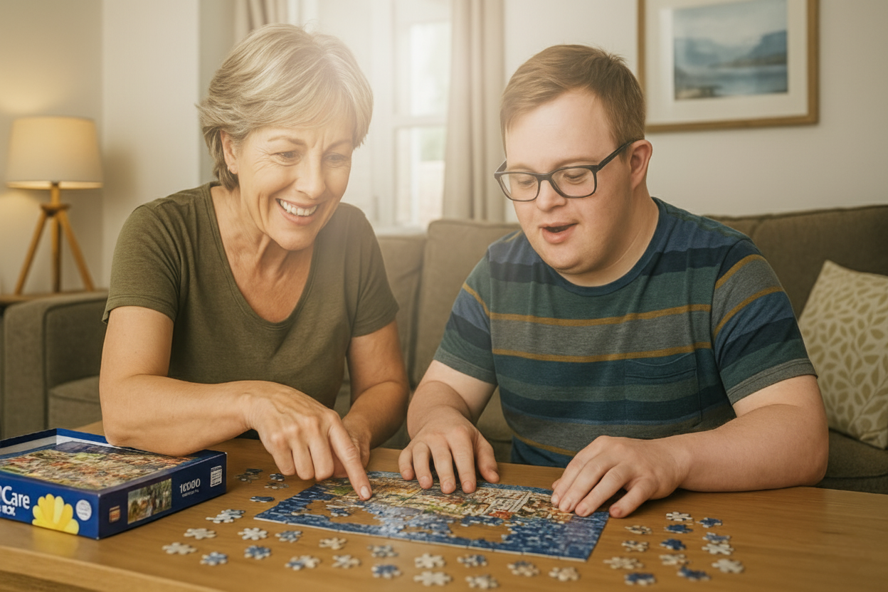 A smiling client receiving one-on-one support at home from a local carer they chose.