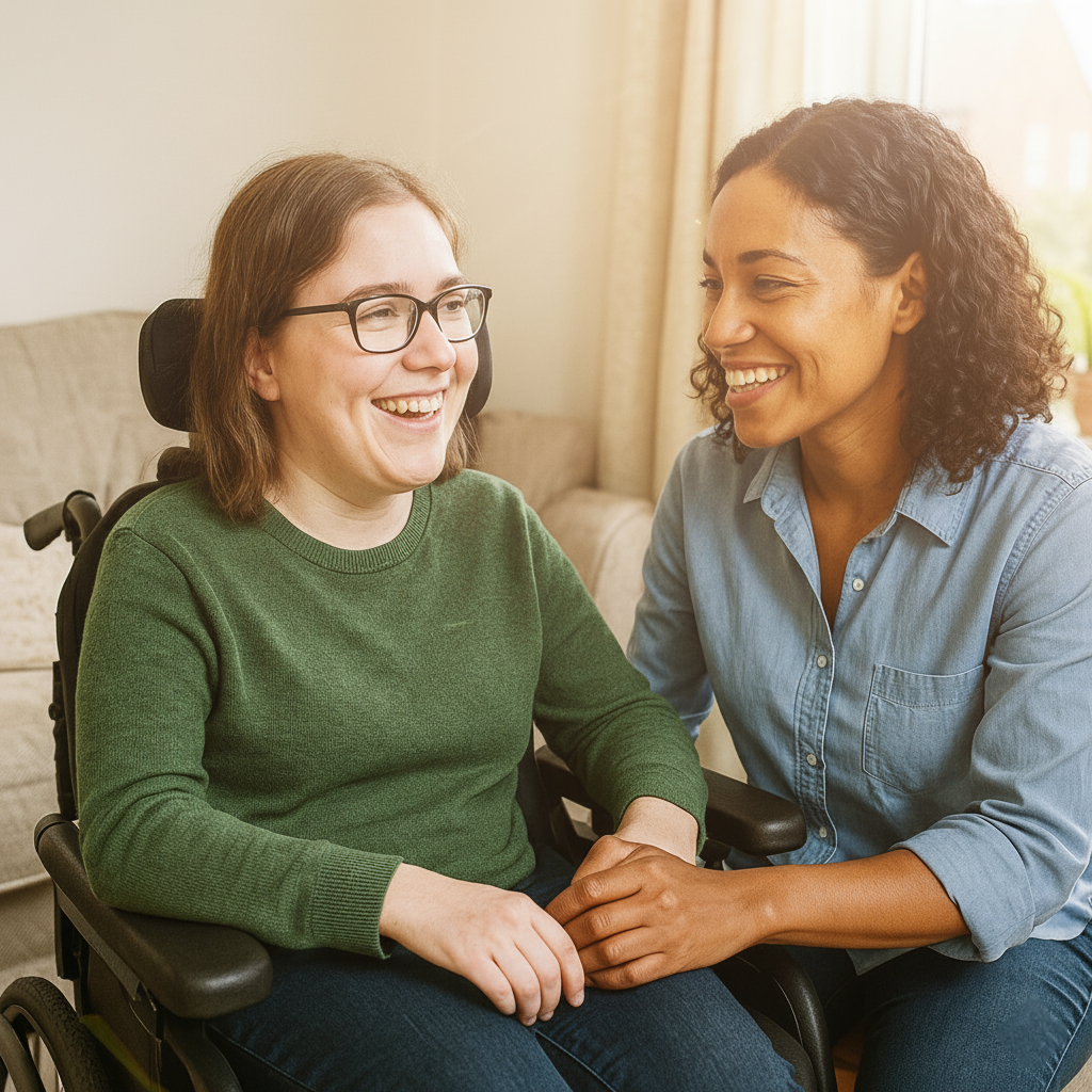A support worker and a client sit together at a table with documents, collaboratively planning the client's care.