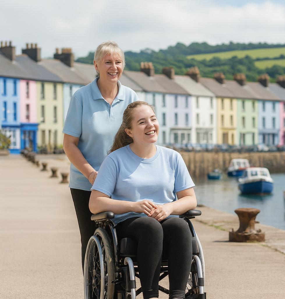 A professional carer assisting a client with complex needs in a supportive home environment.
